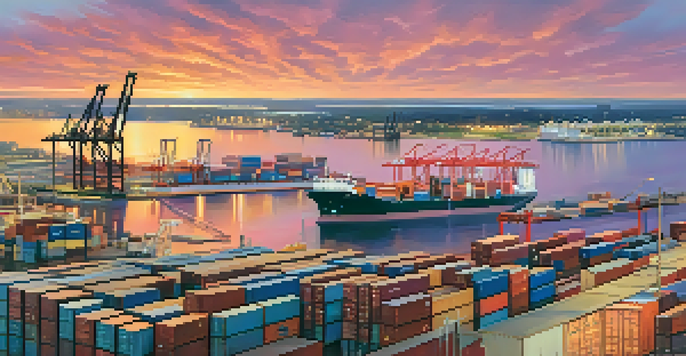 A panoramic view of Jacksonville's port at sunset with cargo ships and cranes against a colorful sky.