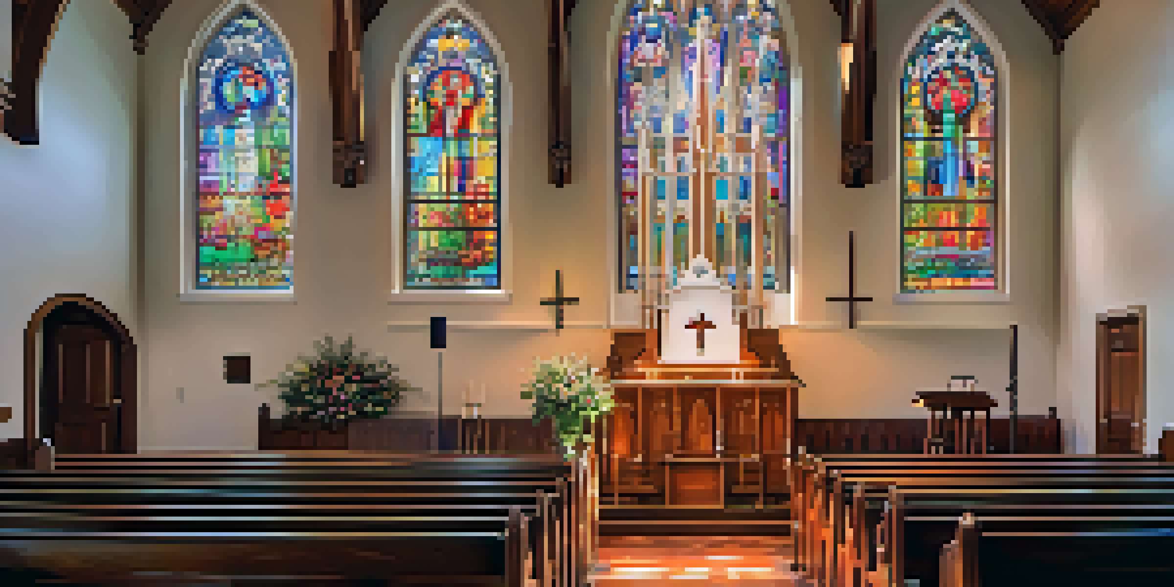Interior view of a historic Jacksonville church with stained glass windows, wooden pews, and an altar with flowers, bathed in colorful sunlight.