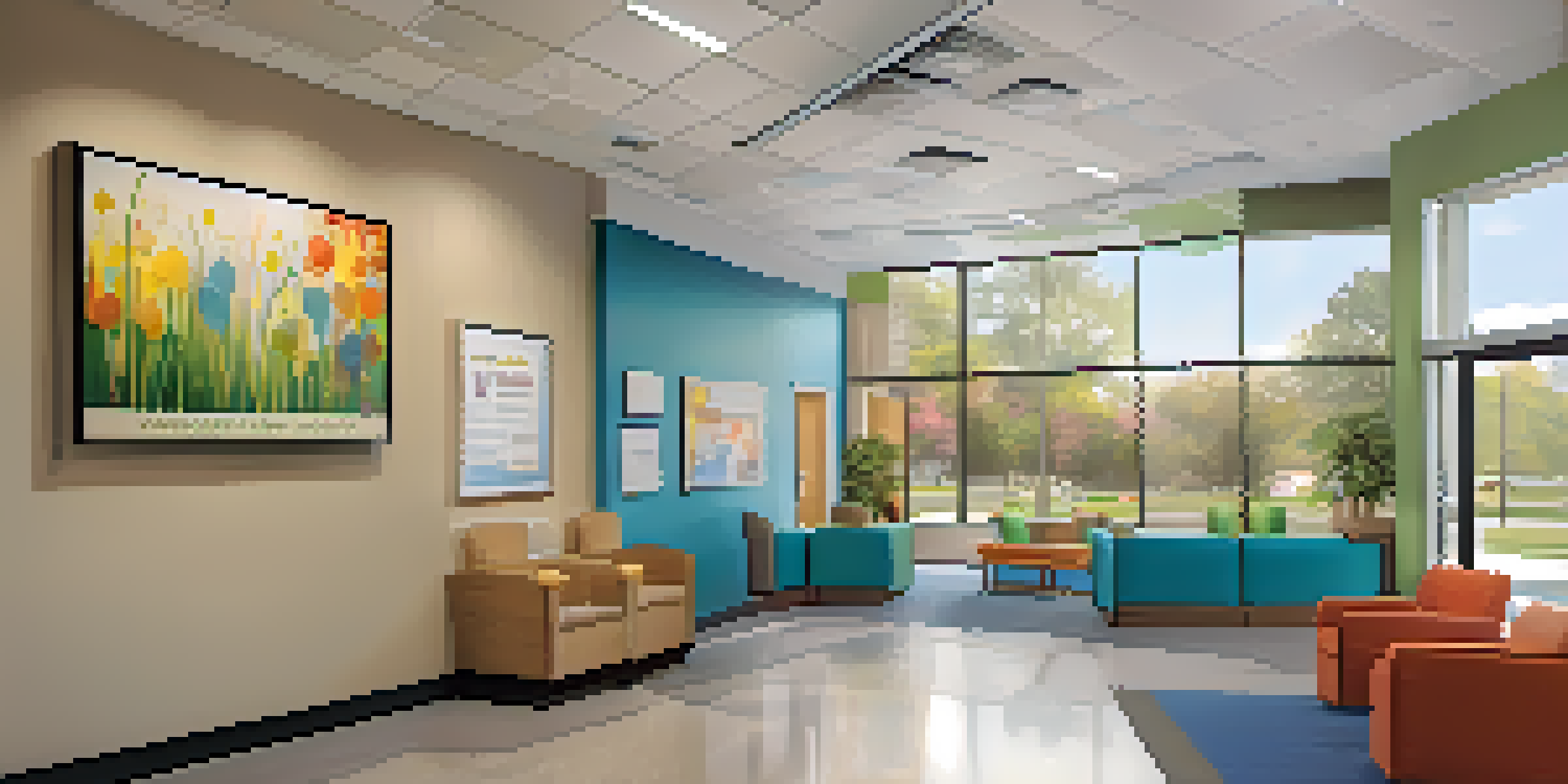 A bright and welcoming community health clinic reception area with colorful artwork and friendly staff.