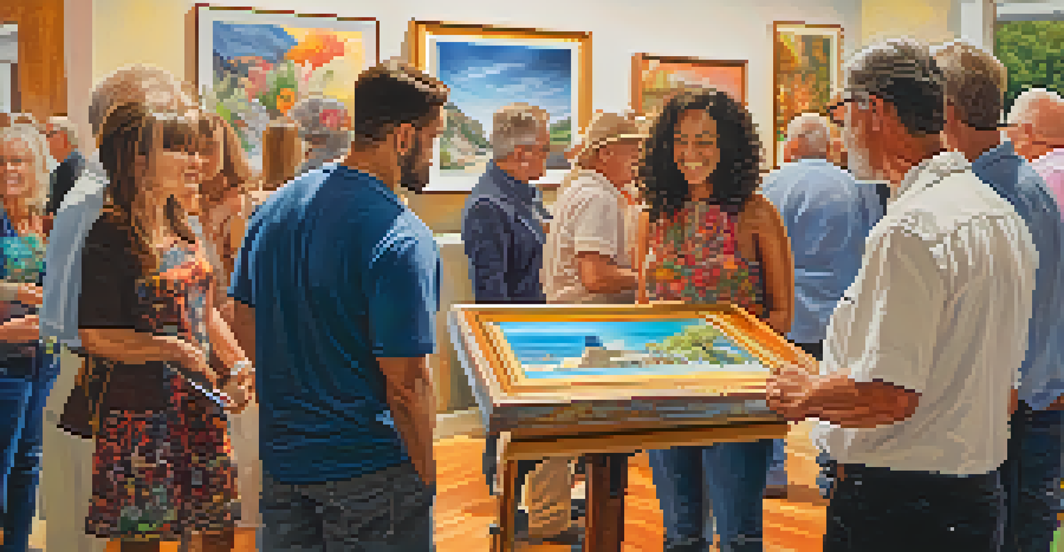 Local artists displaying their colorful artwork at a charity event, with attendees admiring the pieces in a warm atmosphere.