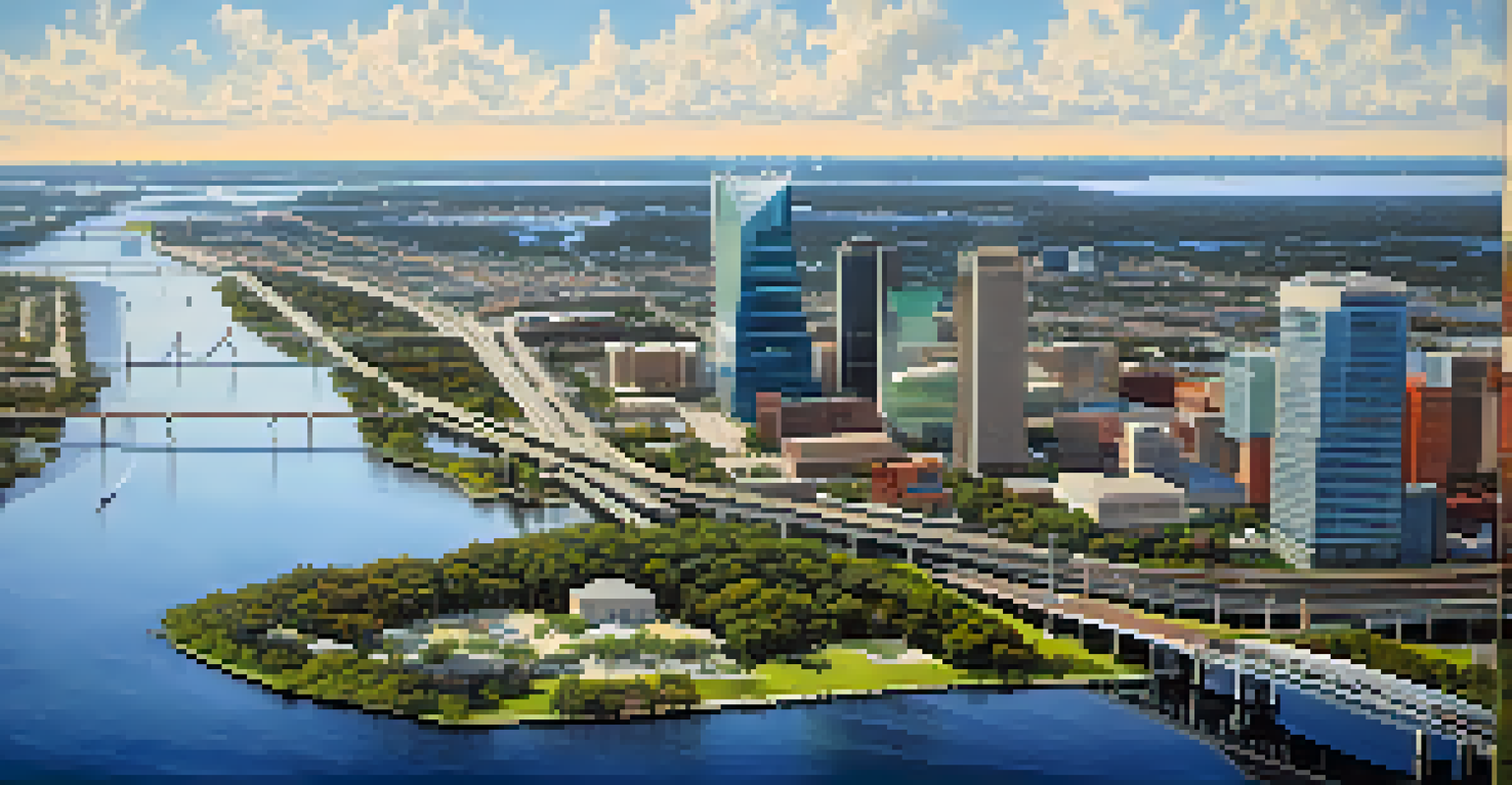 An aerial view of the St. Johns River with urban and natural landscapes, sparkling under sunlight.