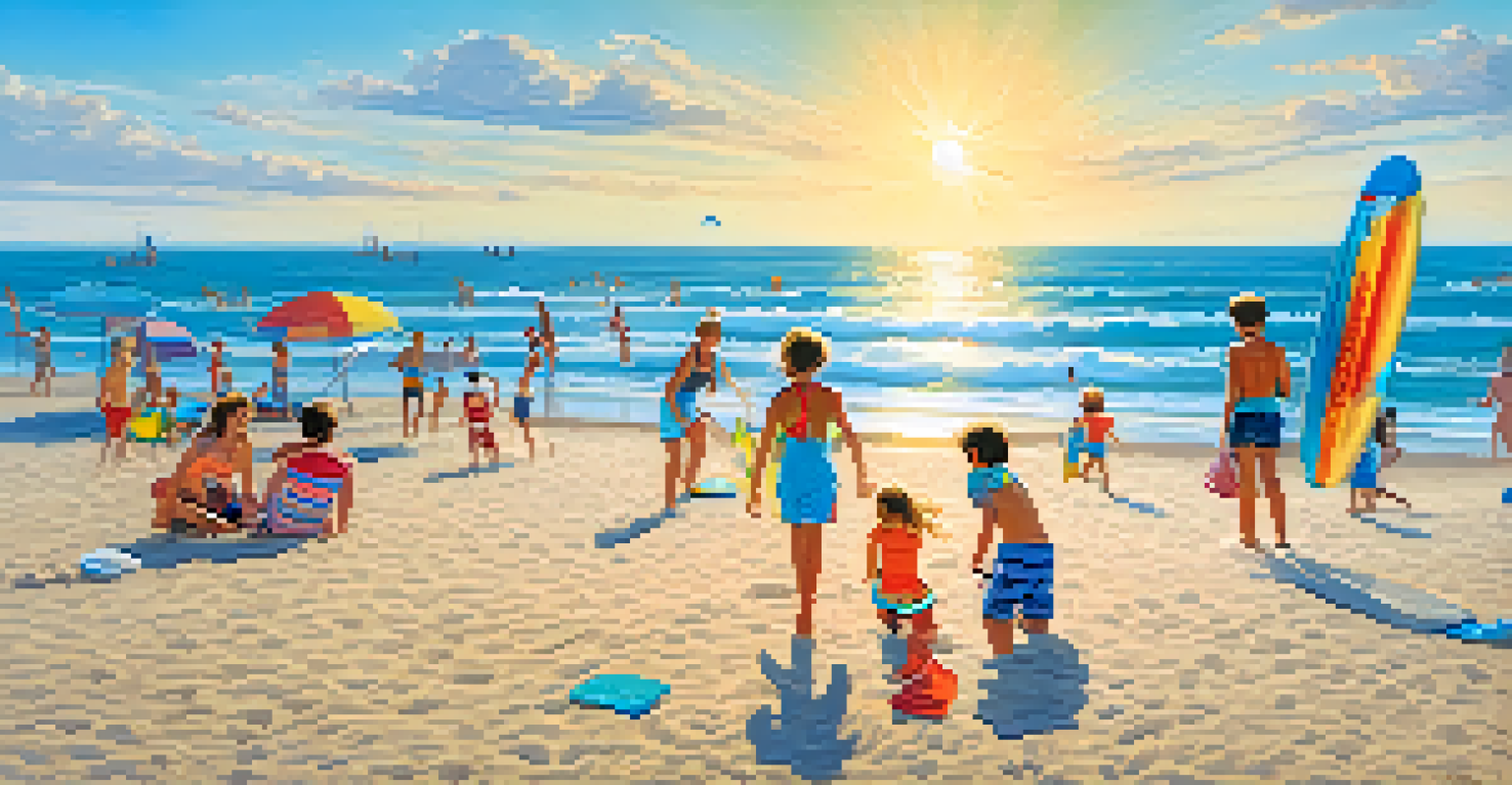 A family having fun at Atlantic Beach, with children playing frisbee and others paddleboarding under a bright blue sky.