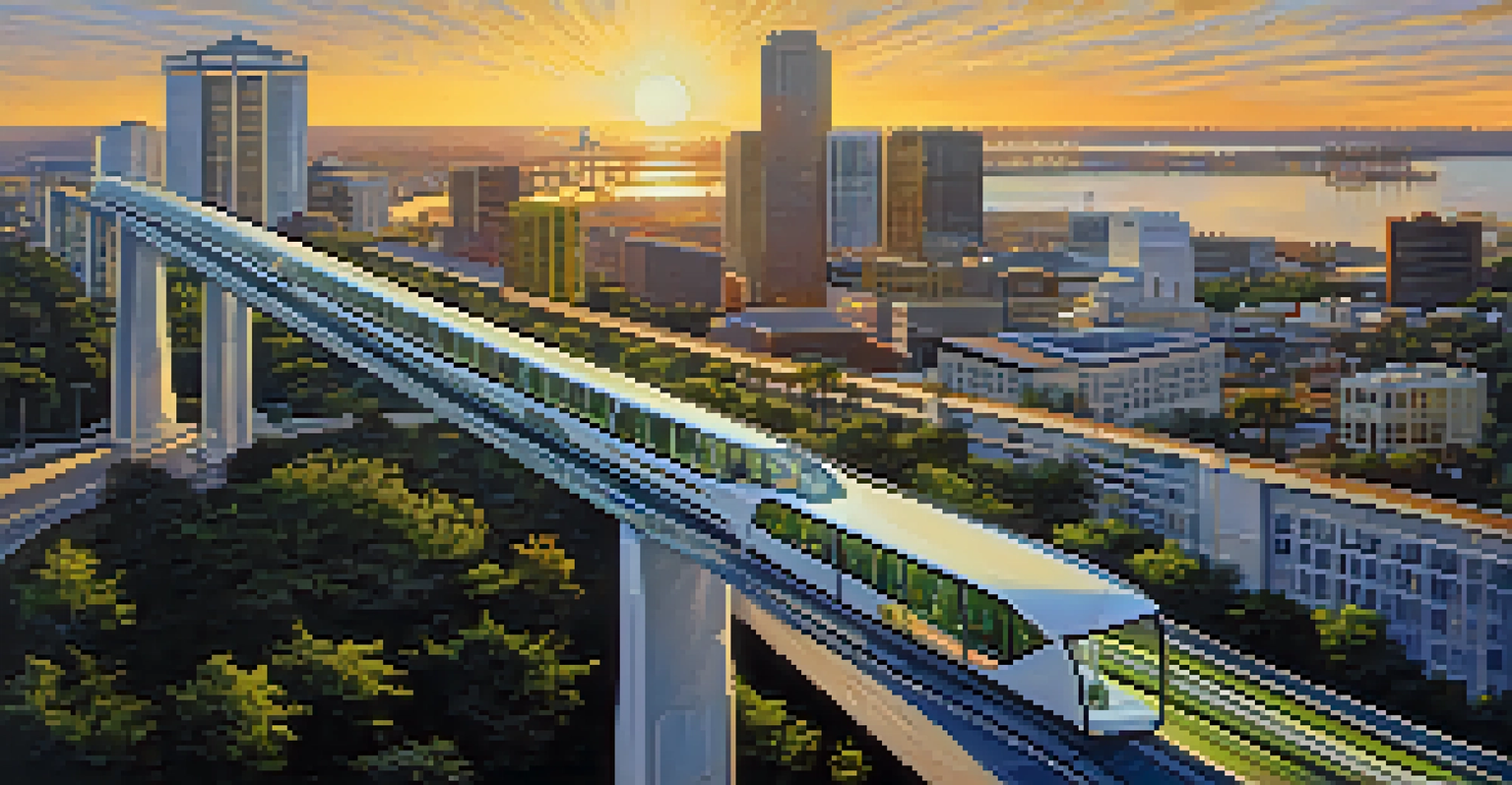 An aerial perspective of the Jacksonville Skyway with its modern design above the city, featuring colorful buildings and green areas.