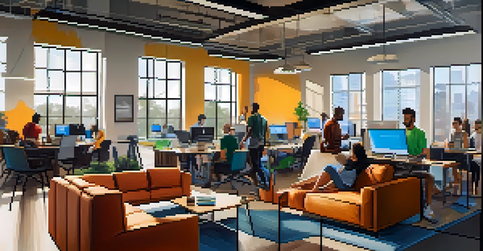 A modern tech office with diverse professionals collaborating around laptops in a bright space.