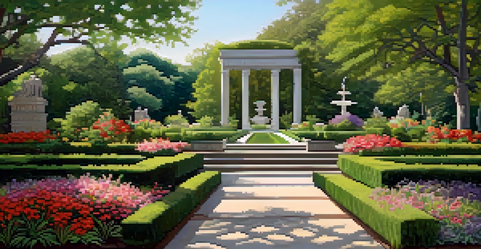 The tranquil gardens of The Cummer Museum of Art, showcasing lush greenery, blooming flowers, and artistic sculptures.