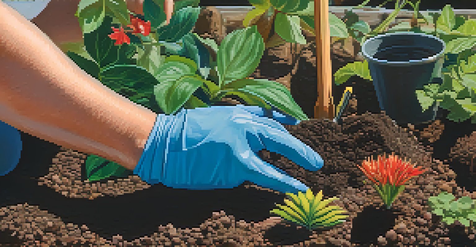 A volunteer planting native plants in Jacksonville's Botanical Gardens, showcasing their hands in the soil surrounded by greenery.