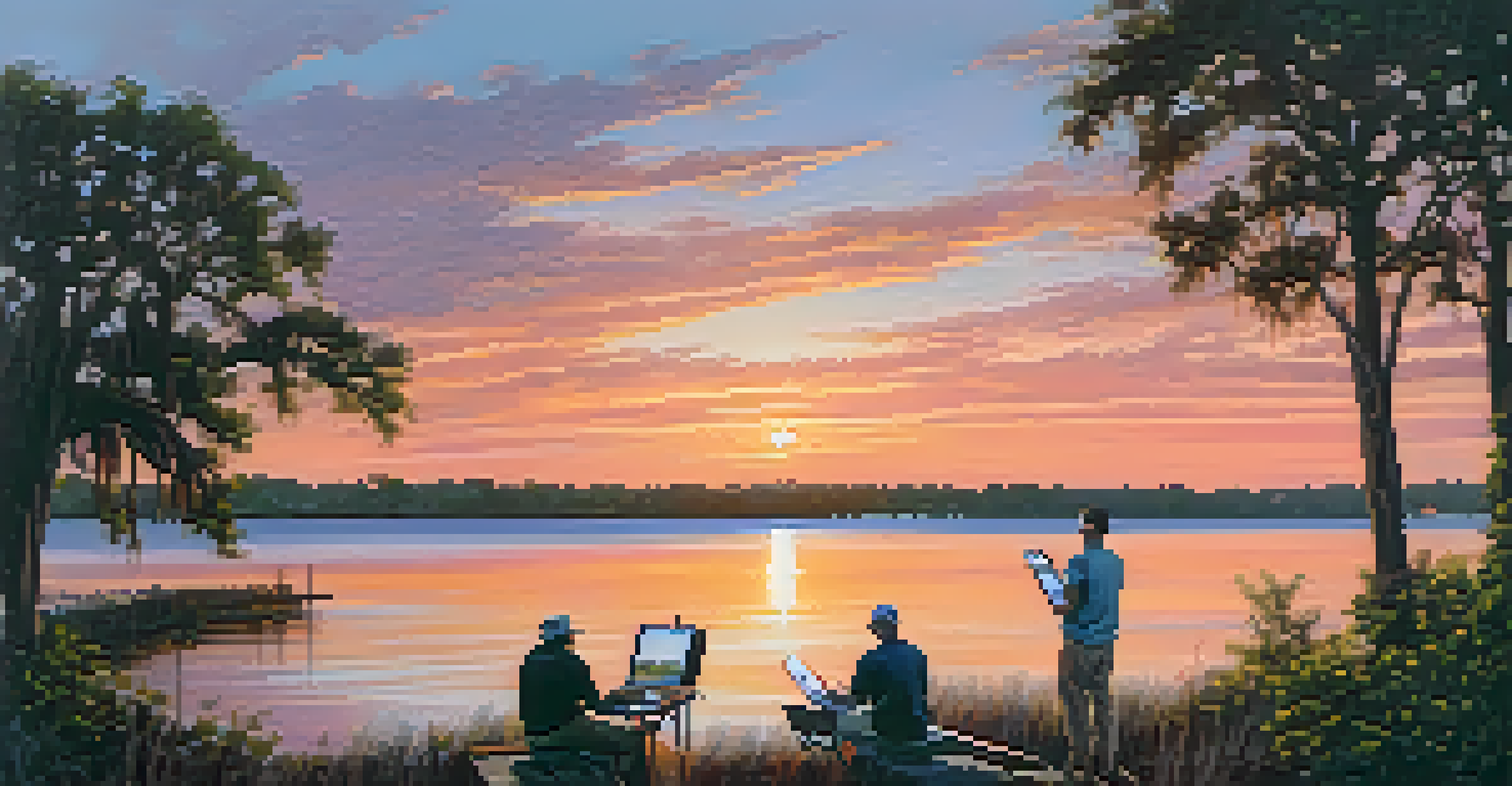 A peaceful sunset view of the St. Johns River with local artists painting, showcasing the beauty of nature in Jacksonville.
