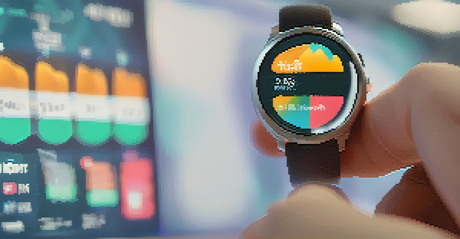 A close-up of a smartwatch showing health metrics, with a blurred healthcare provider on a video call in the background.