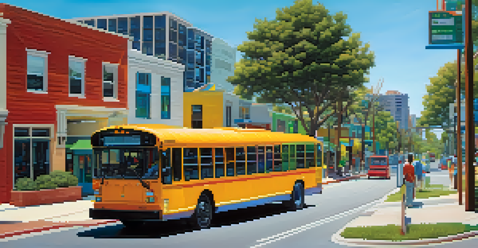 A modern bus in a Jacksonville neighborhood with residents at a bus stop.