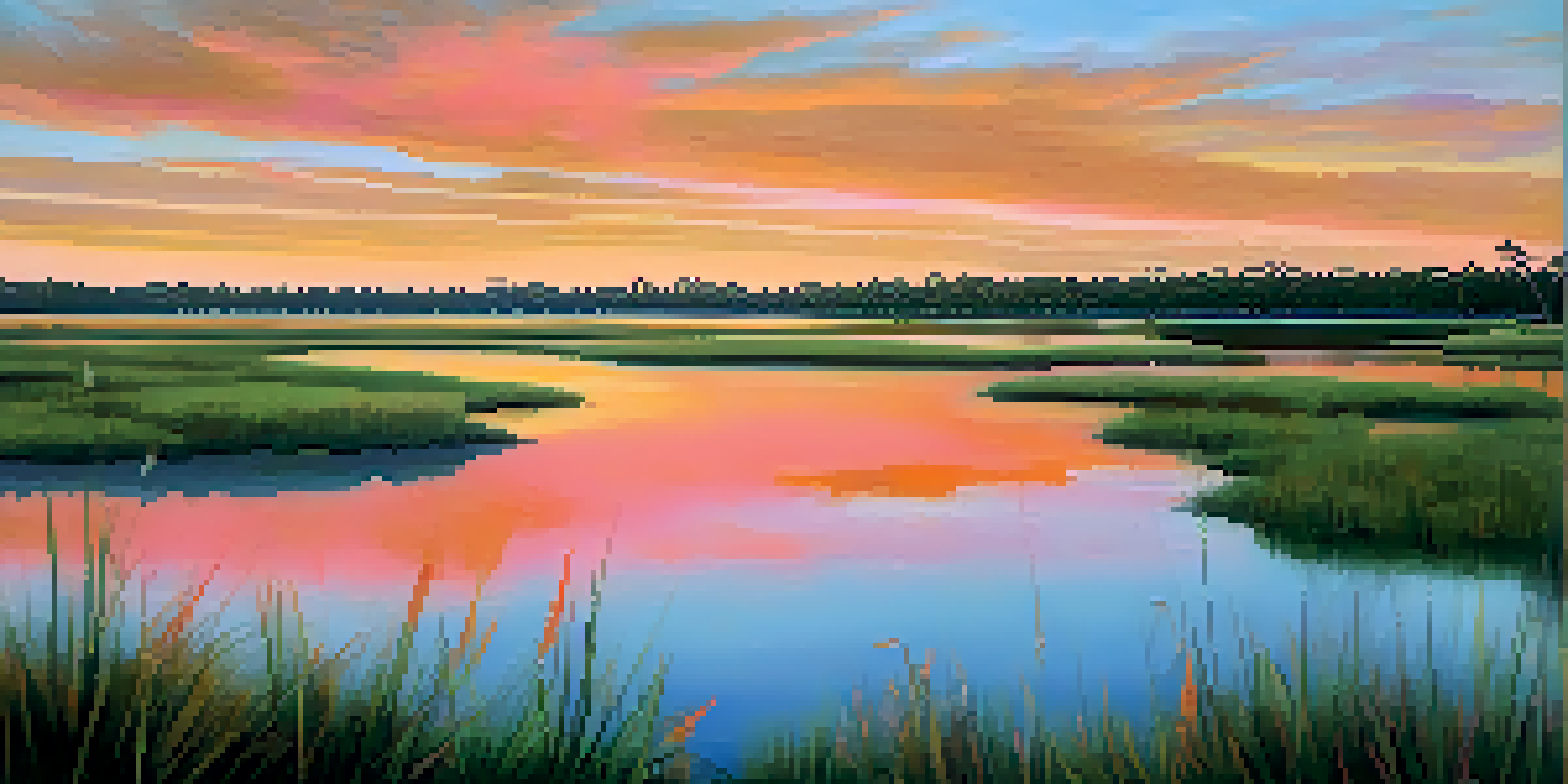 A sunset view of a salt marsh with vibrant colors reflecting on calm waters, surrounded by green forests and coastal dunes.
