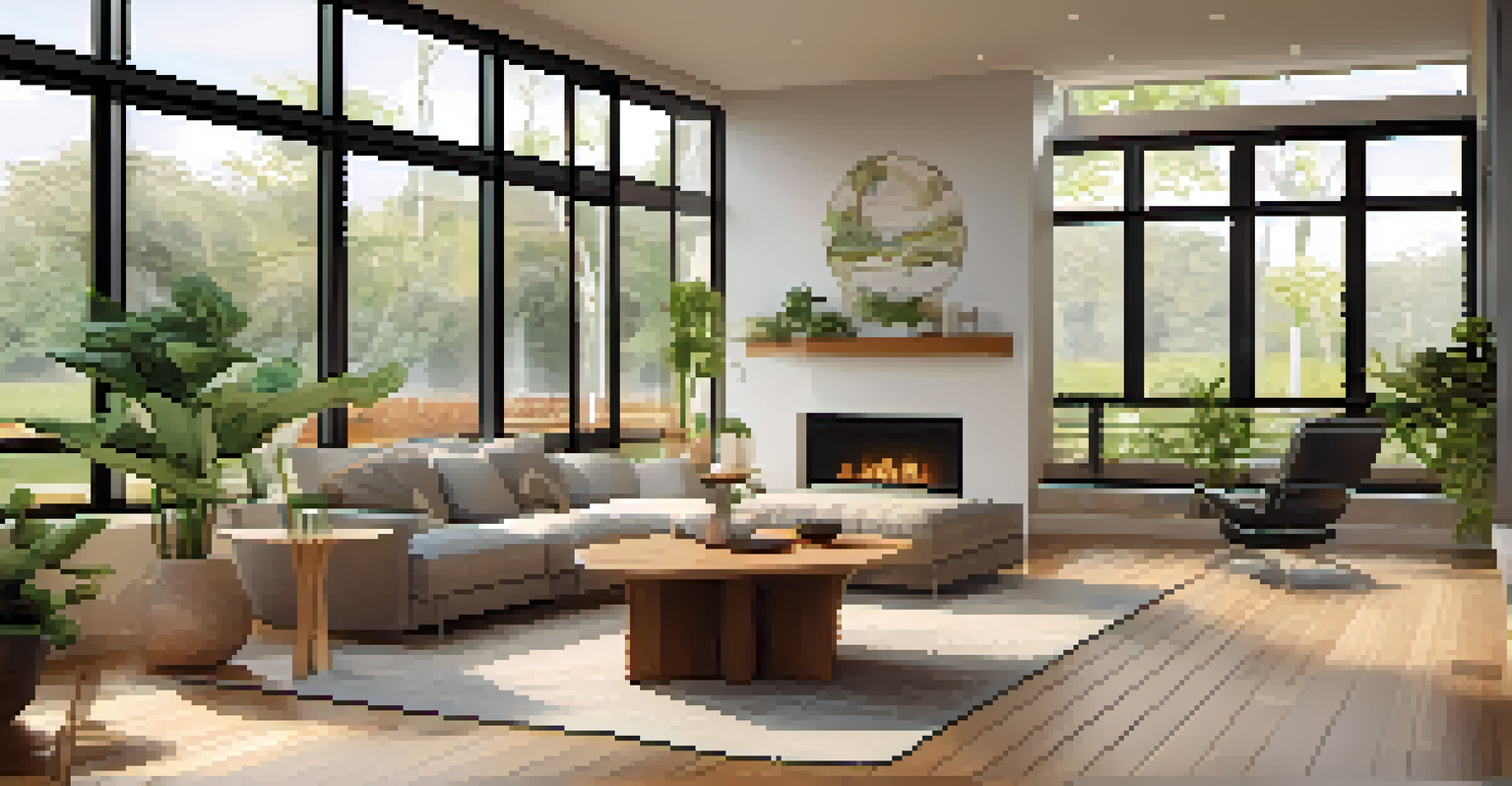 An interior of an eco-friendly home showcasing bamboo flooring and energy-efficient appliances.
