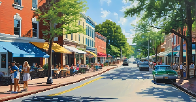 A vibrant neighborhood street featuring historic buildings, shops, and people enjoying outdoor dining under the trees.
