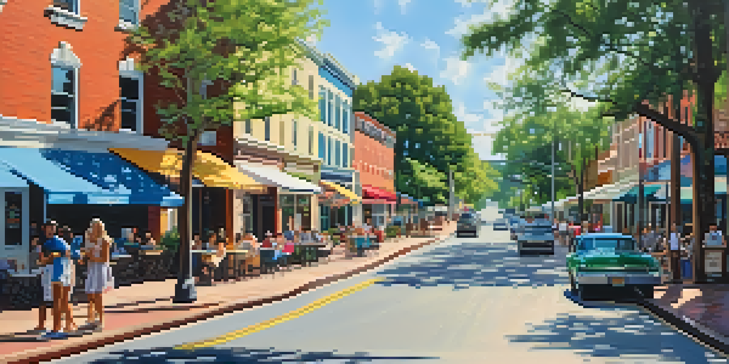 A vibrant neighborhood street featuring historic buildings, shops, and people enjoying outdoor dining under the trees.