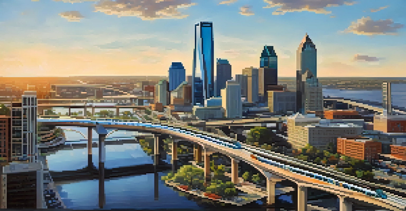 Aerial view of Jacksonville skyline with the Skyway transit system and busy streets below.