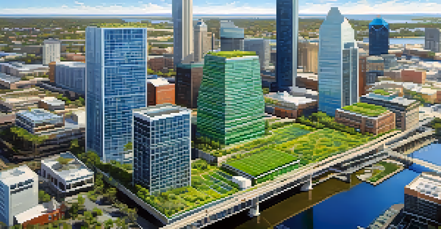 Aerial view of Jacksonville's skyline featuring green roofs and solar panels, under a clear blue sky.
