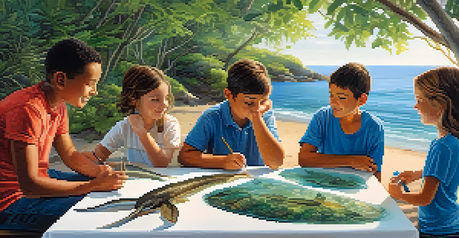 An outdoor educational workshop about coastal ecosystems with children and adults engaging with marine life specimens.