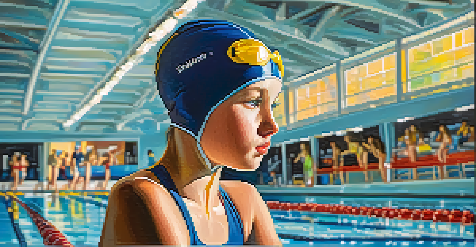 A focused young swimmer in a swimsuit and cap at the edge of a clear swimming pool, ready to dive into a race.