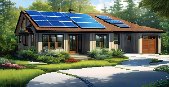 An eco-friendly home with solar panels, large windows, and surrounded by greenery in Jacksonville.