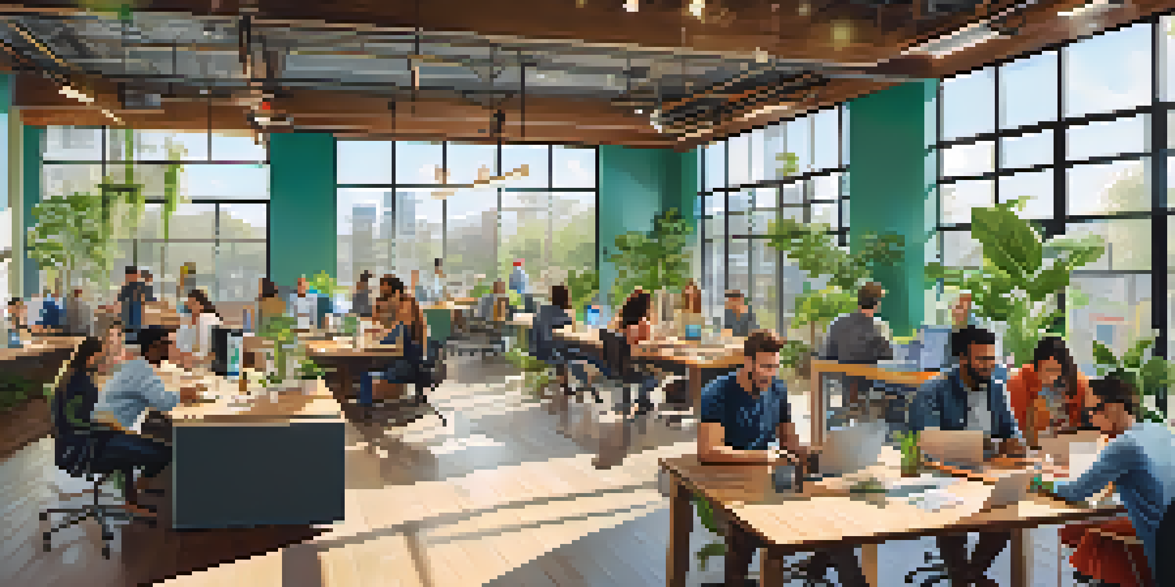 A vibrant co-working space in Jacksonville with diverse people working together, bright natural light streaming in through large windows, and colorful decor.