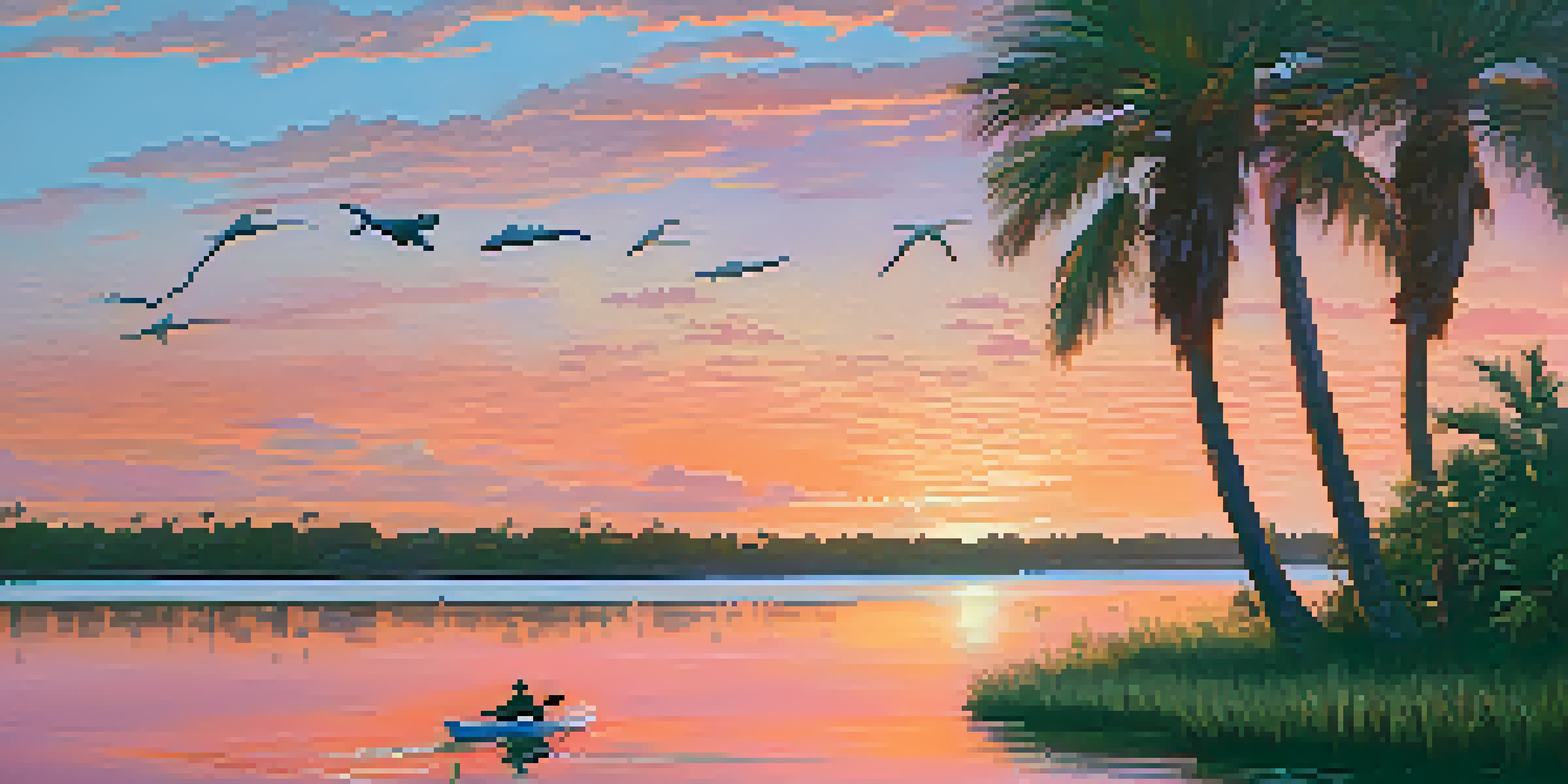 A picturesque sunset over Jacksonville's Intracoastal Waterway, with a kayak on calm waters and a dolphin surfacing.