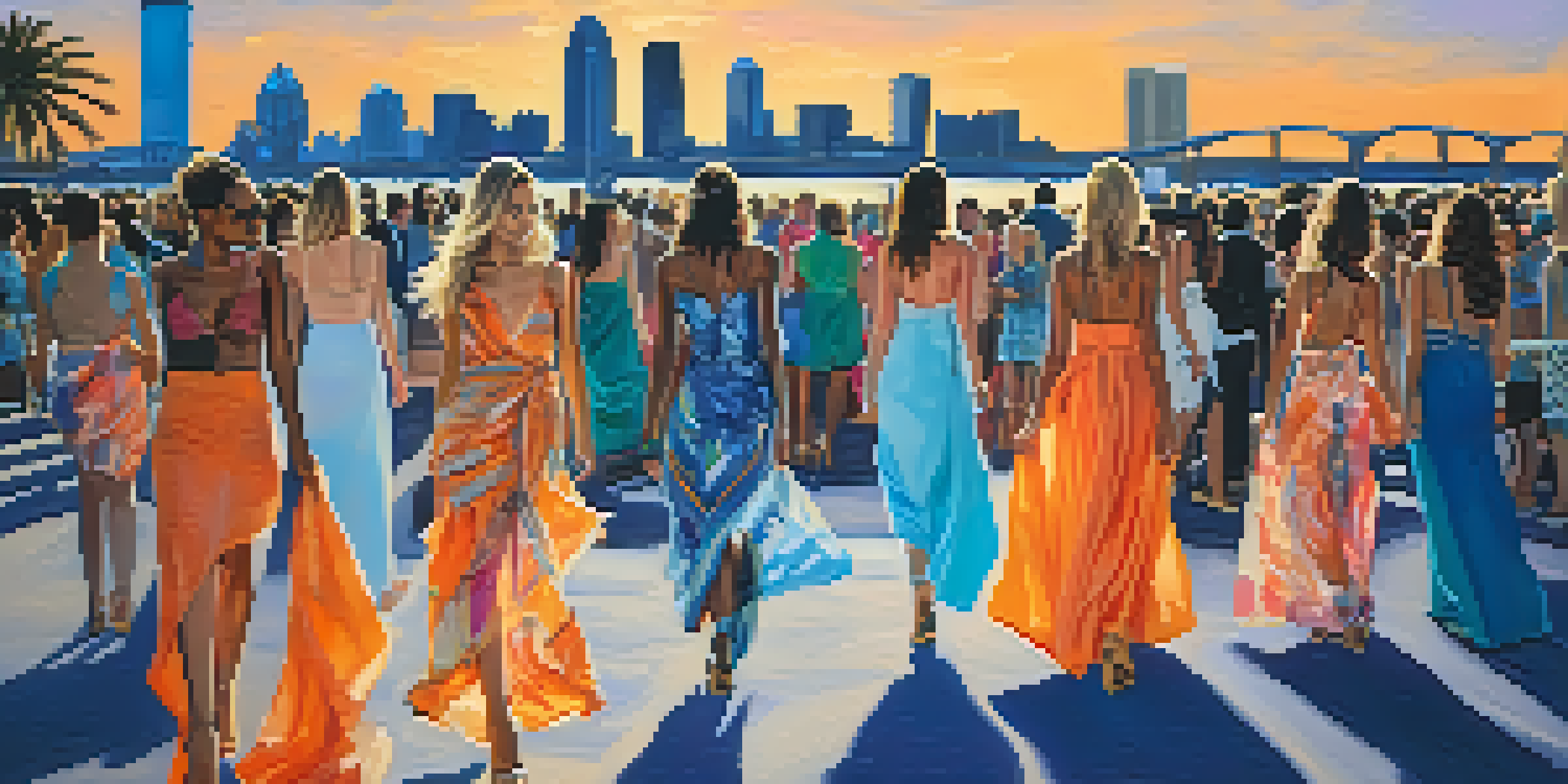 An outdoor fashion show featuring models in colorful outfits with Jacksonville's skyline in the background during sunset.
