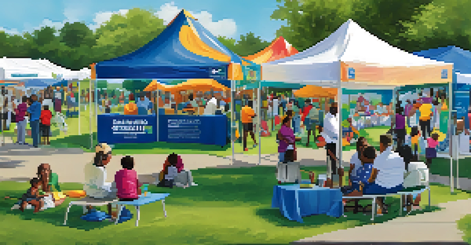 A community health event in a park with healthcare professionals offering screenings and families receiving health information.