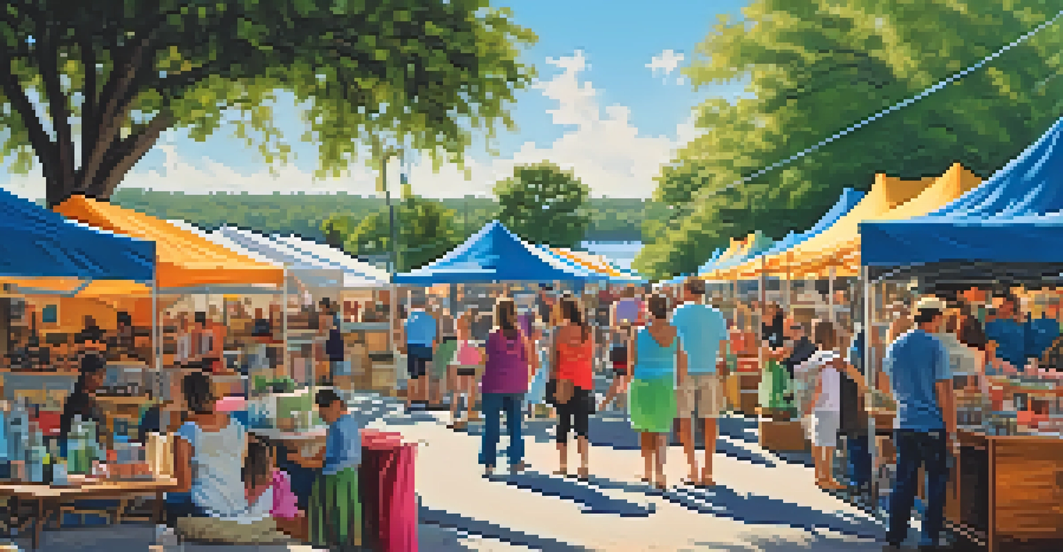 Families enjoying the Riverside Arts Market with local crafts, musicians, and a scenic river backdrop.