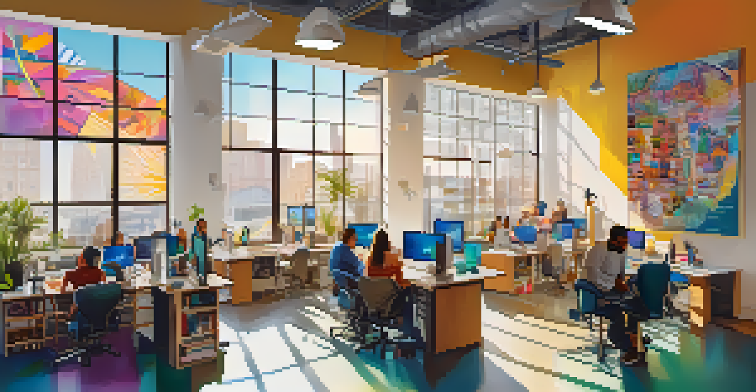 A creative workspace with people collaborating and colorful decor, filled with natural light.