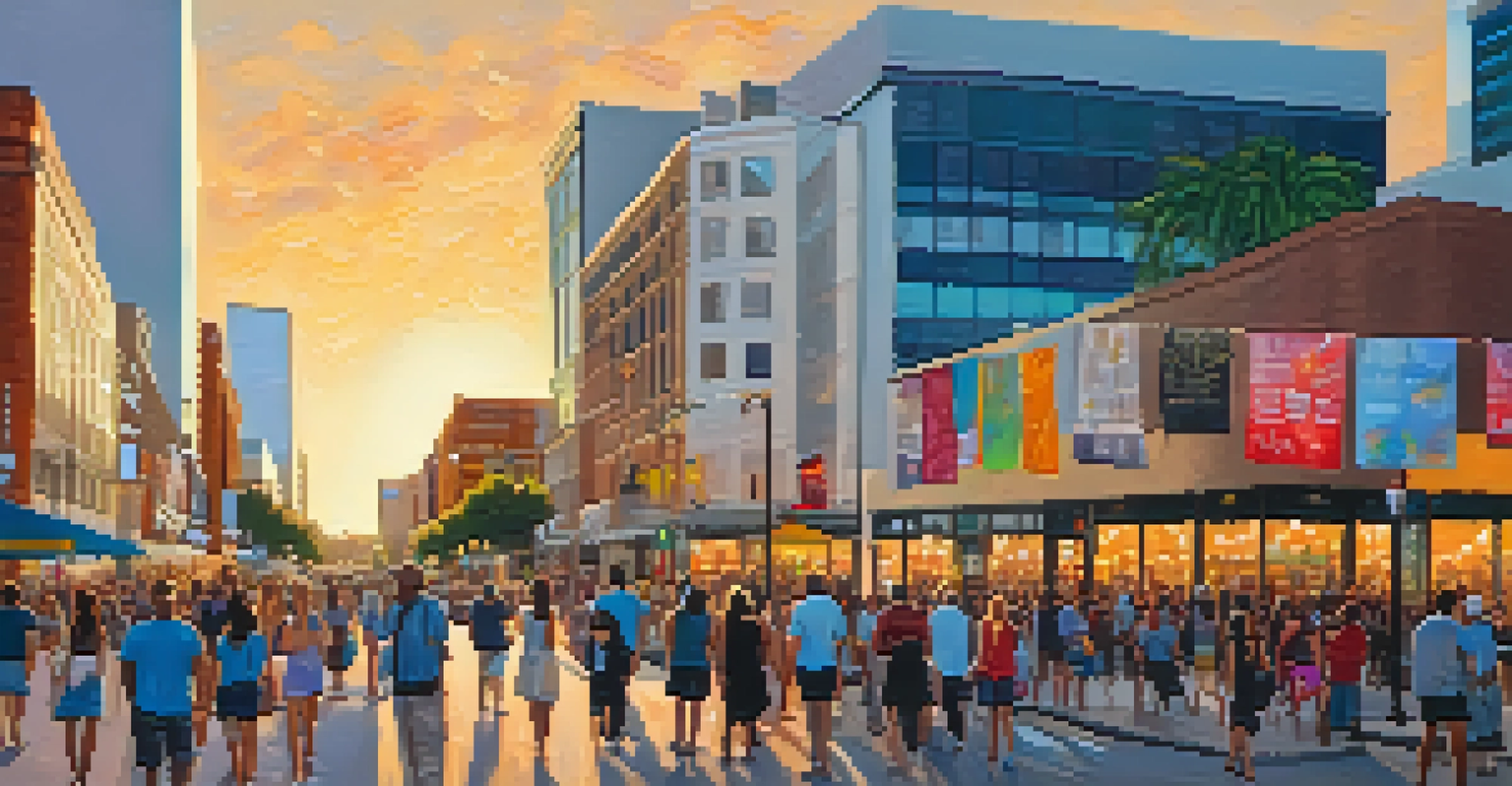 A panoramic view of downtown Jacksonville during the Art Walk, filled with people and colorful art installations under a golden sunset.