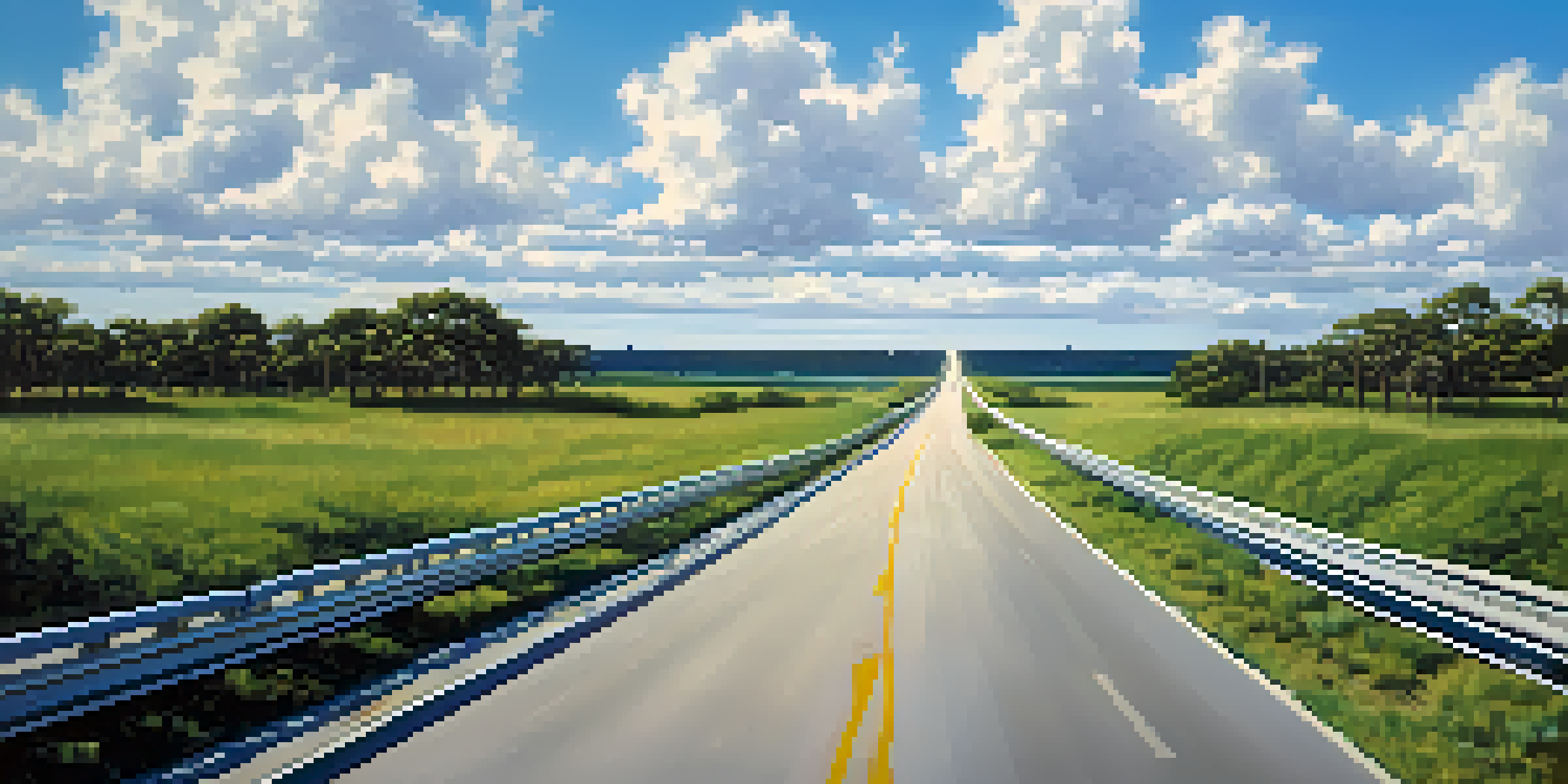 A picturesque highway with greenery on both sides, leading towards St. Augustine, Florida, under a clear blue sky.