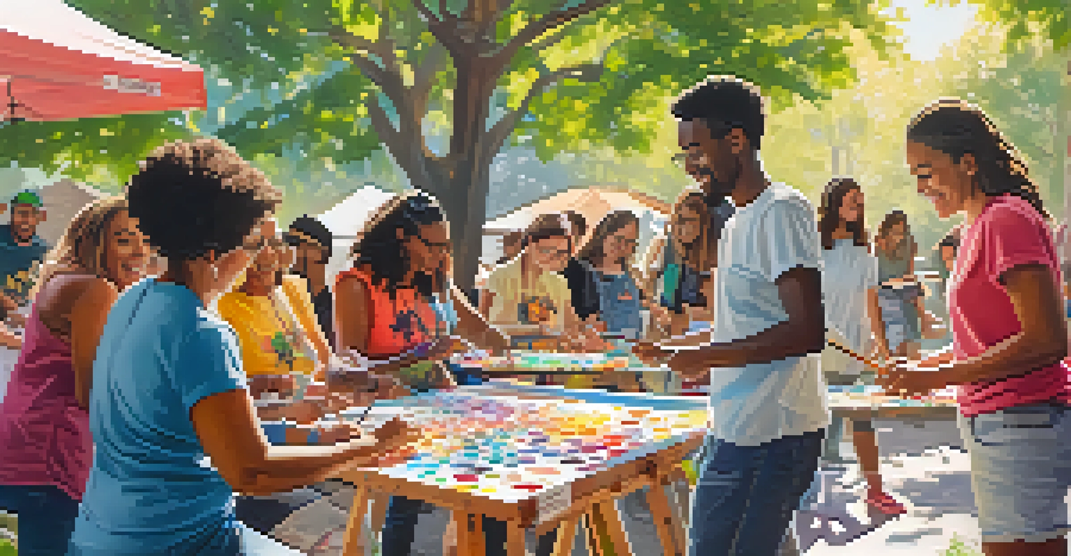 A diverse group of individuals participating in an outdoor art workshop, painting on a large canvas together.