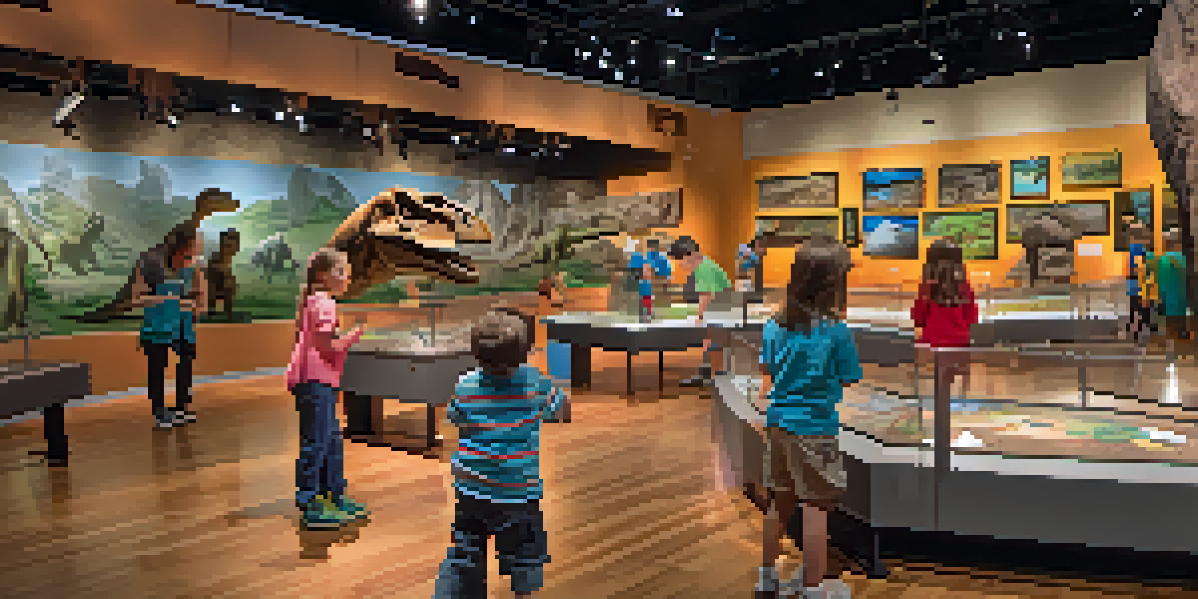 Children interacting with dinosaur fossils in an educational exhibit at the Museum of Science and History, surrounded by colorful displays and bright lighting.