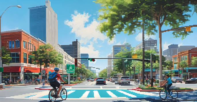 A busy Jacksonville intersection with smart traffic signals, green landscaping, pedestrians, and cyclists.