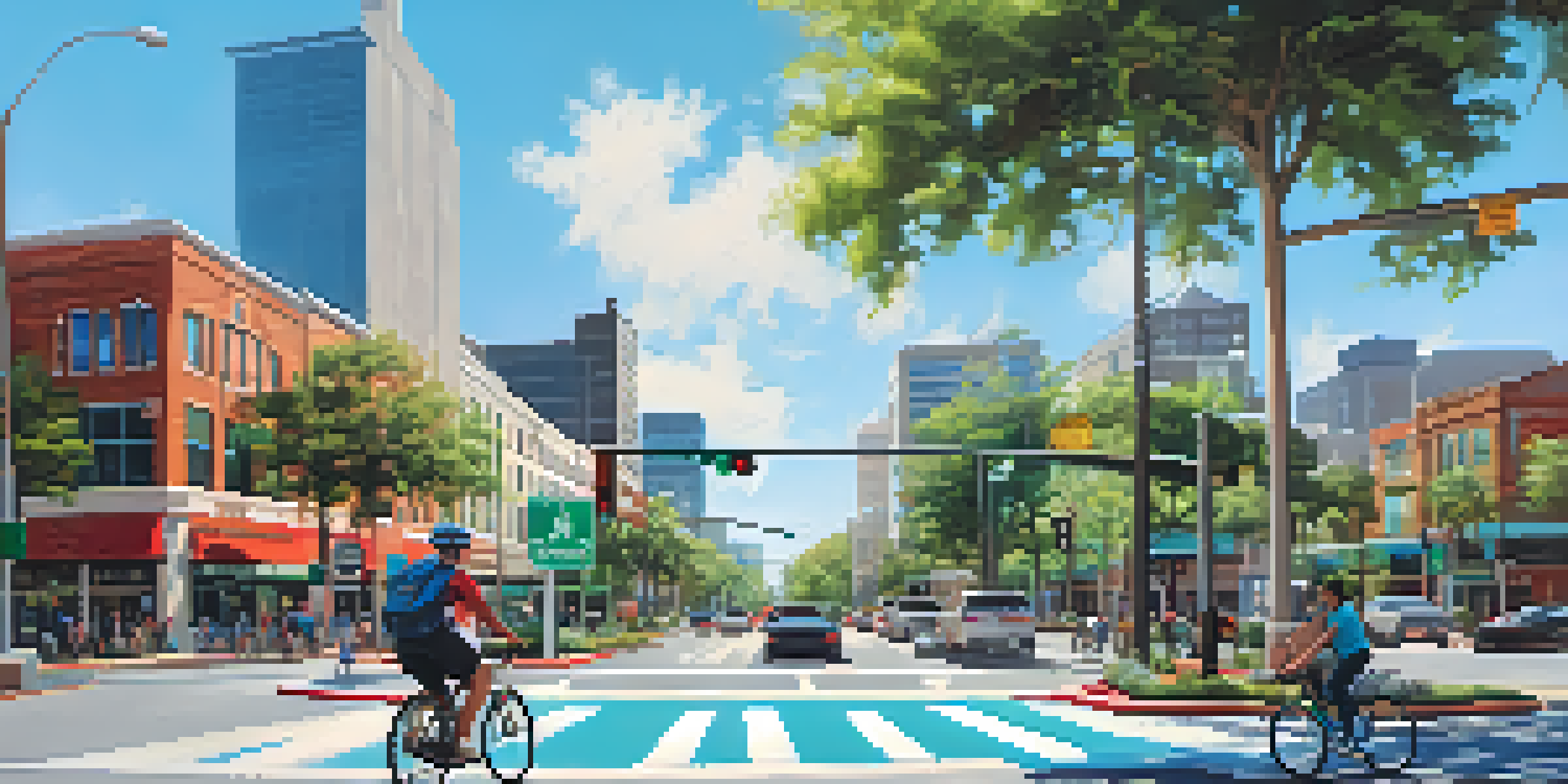 A busy Jacksonville intersection with smart traffic signals, green landscaping, pedestrians, and cyclists.