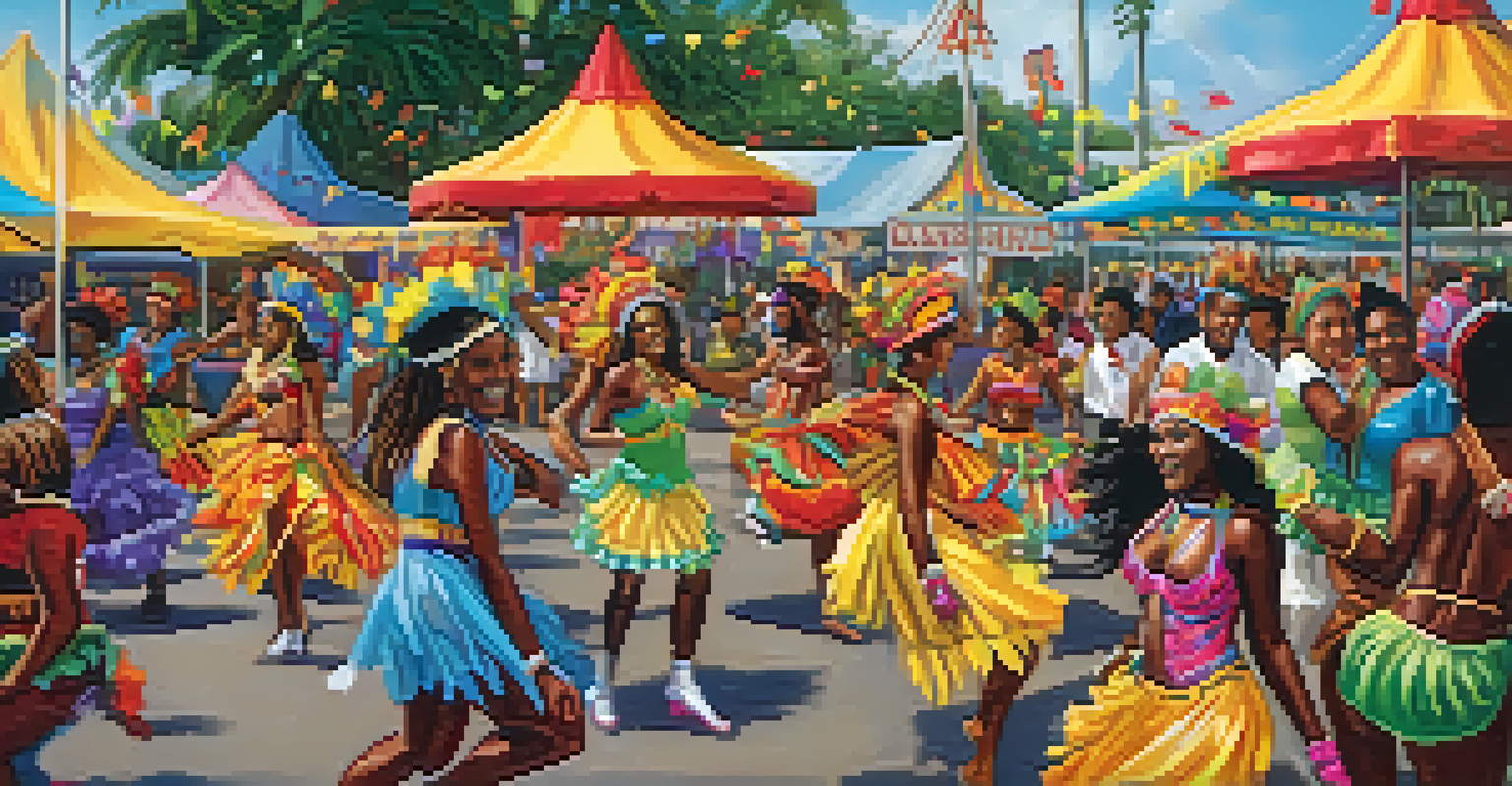 Participants in colorful costumes celebrating at the Jacksonville Caribbean Carnival, dancing and enjoying the festive atmosphere.