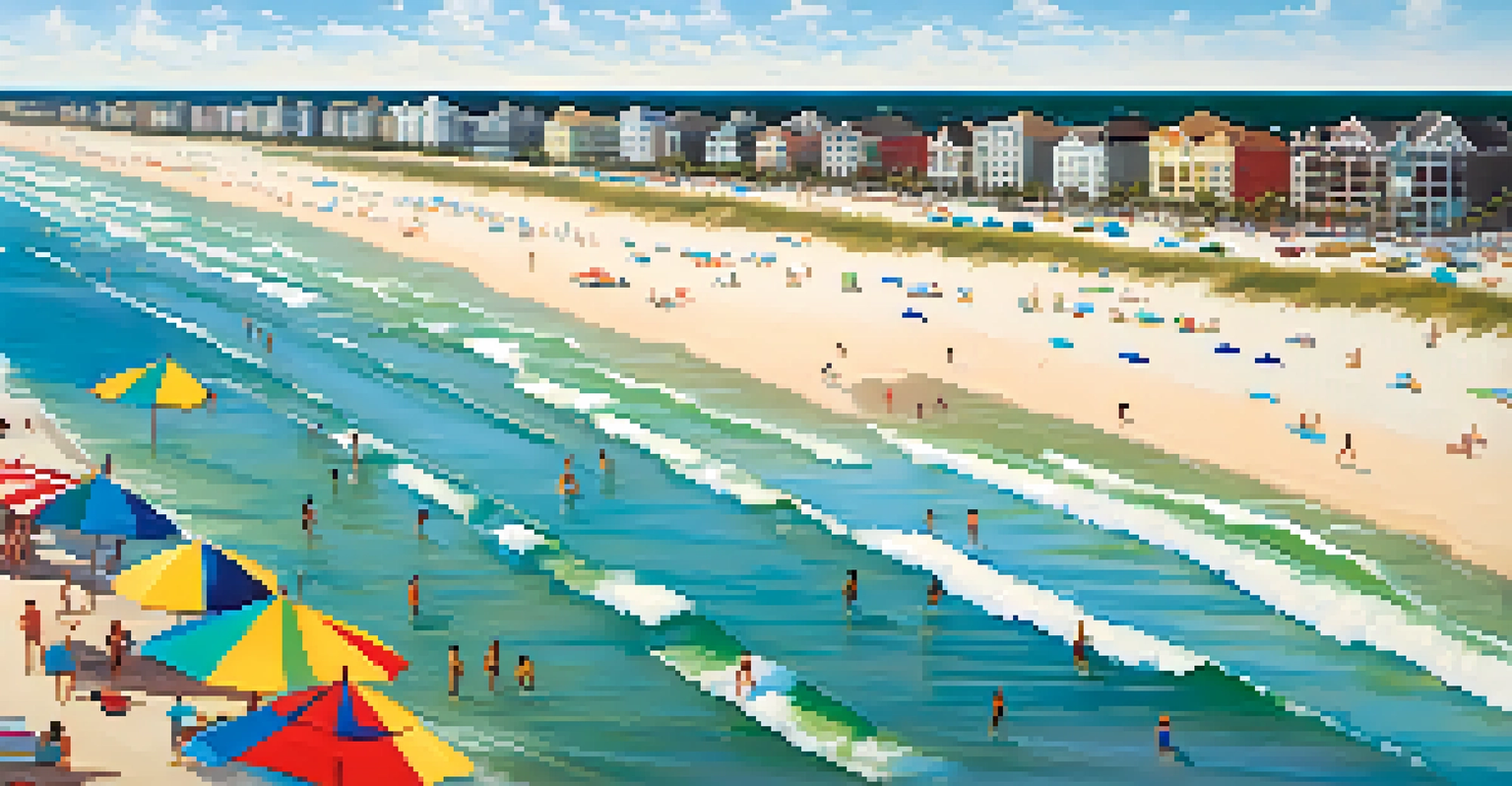 An aerial view of Jacksonville Beach with families walking and biking on the boardwalk, colorful umbrellas, and surfers in the water under a bright blue sky.