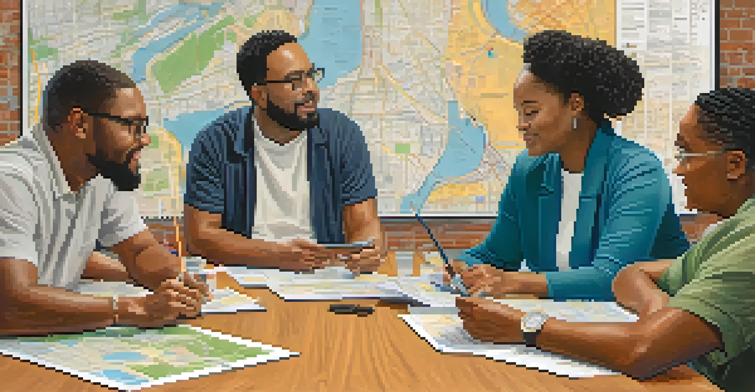 A diverse group of residents in Jacksonville engaged in a community meeting about transportation improvements, with maps and charts on the table.