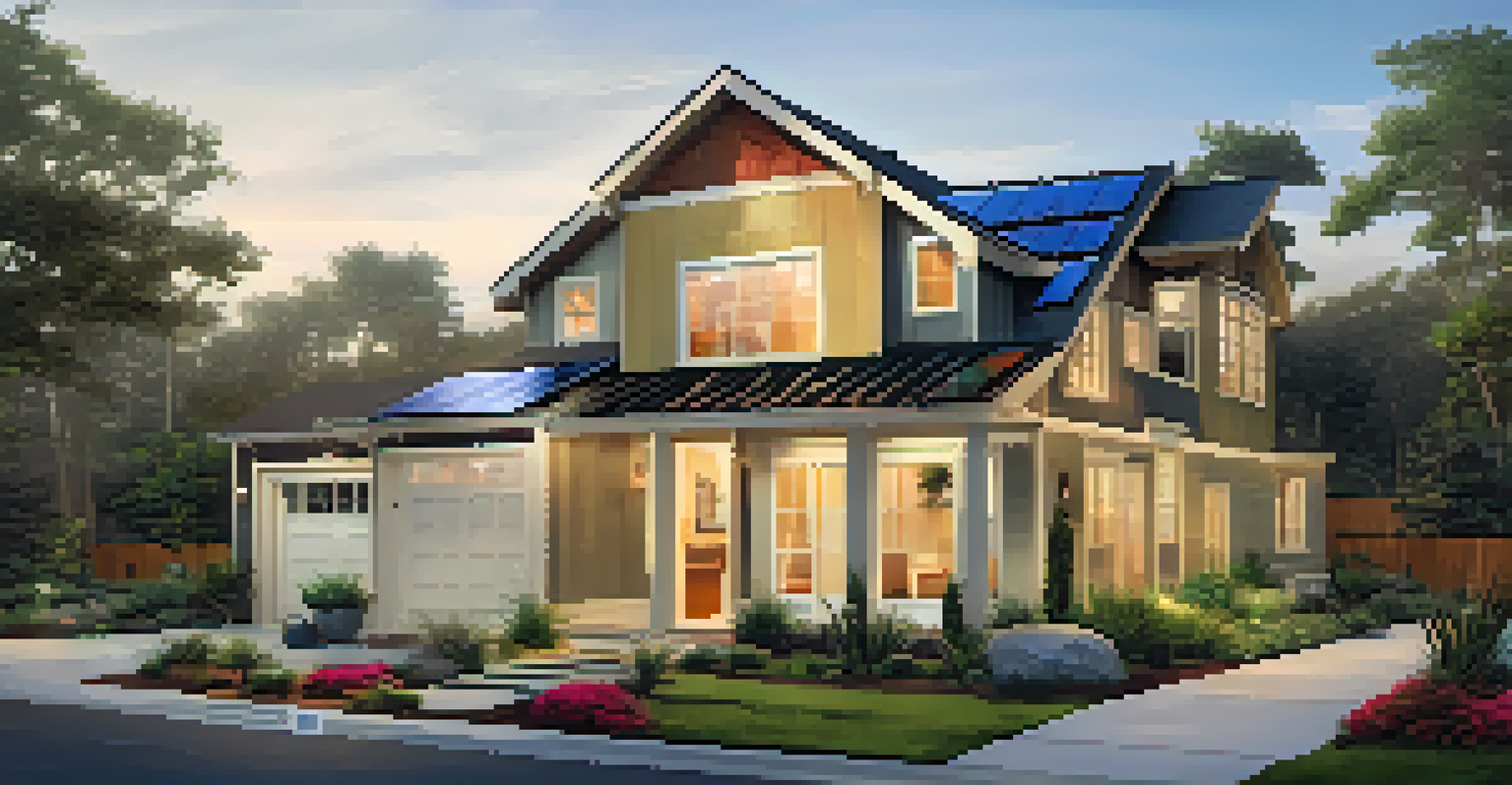 An eco-friendly home in Jacksonville with solar panels and a landscaped yard full of native plants.