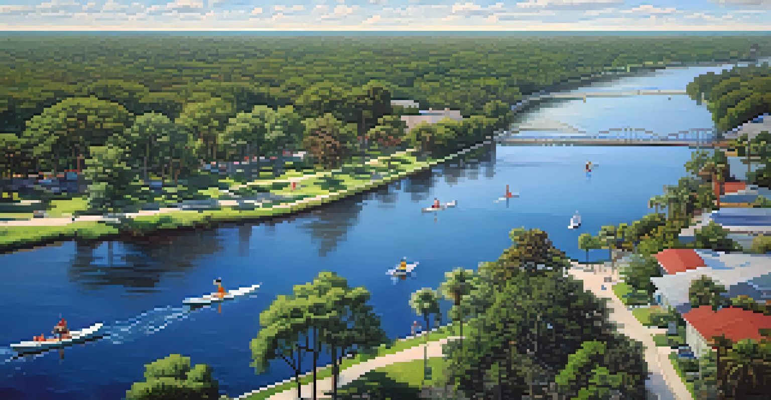 An aerial view of the St. Johns River with parks and people enjoying recreational activities.