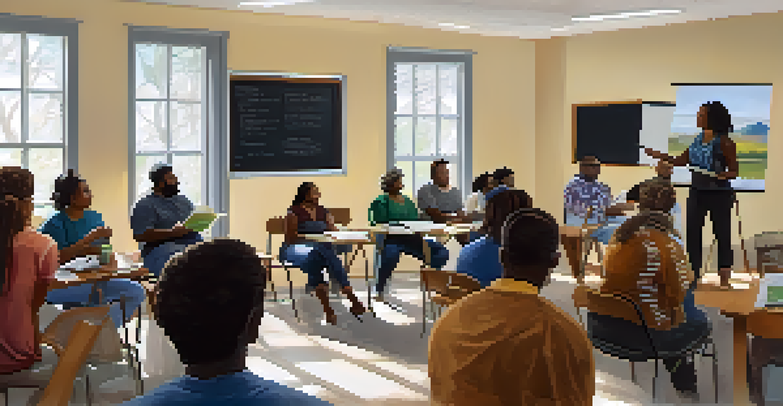 Workshop on financial literacy inside a Jacksonville church, with a facilitator teaching a diverse group of engaged adults in a well-lit room.