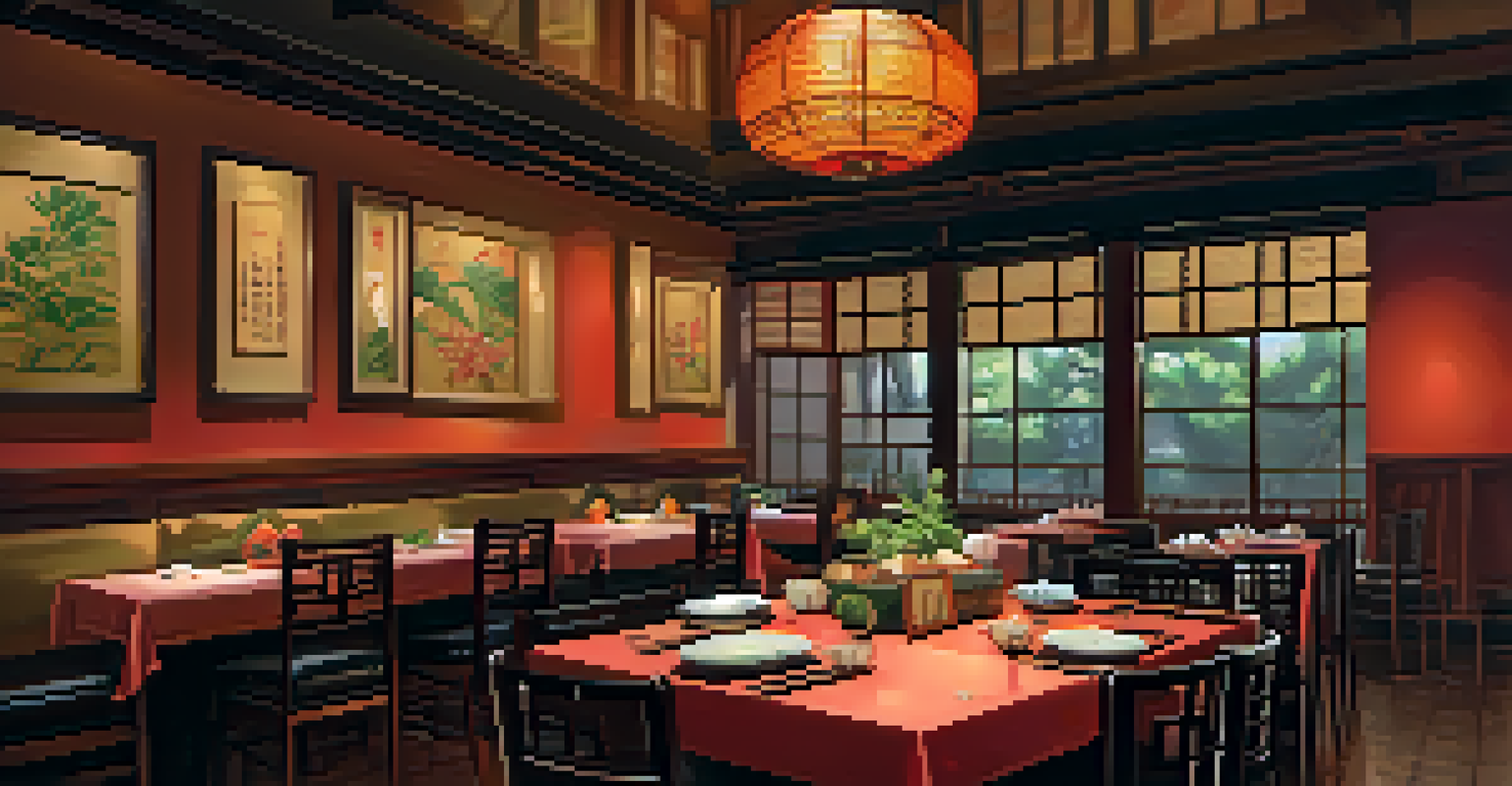 A beautifully arranged table in an Asian restaurant featuring sushi, curry, and spring rolls, with warm lighting and Asian decor.