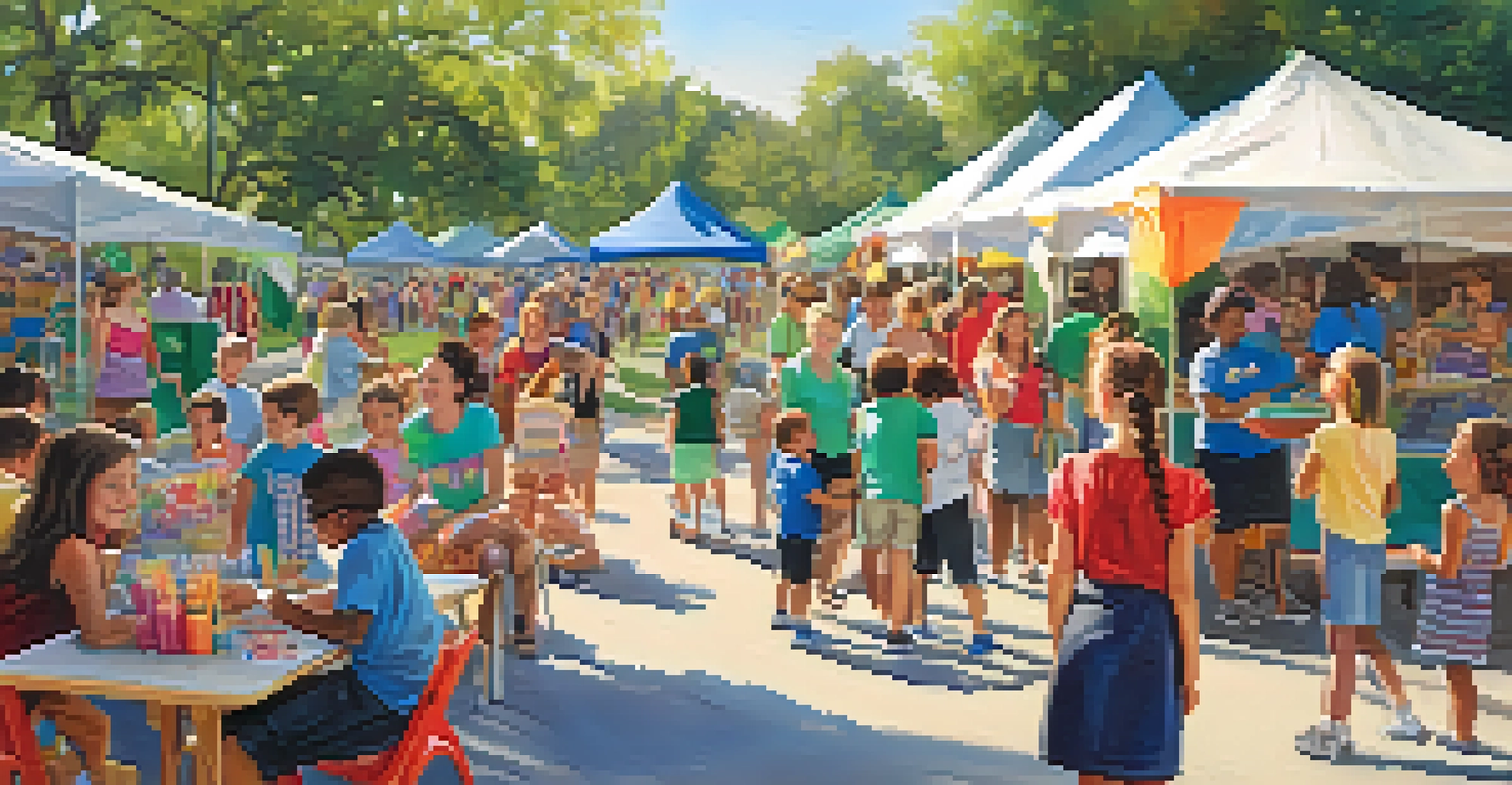 A lively outdoor school event with parents and children enjoying fundraising activities, colorful booths, and games under the sun.