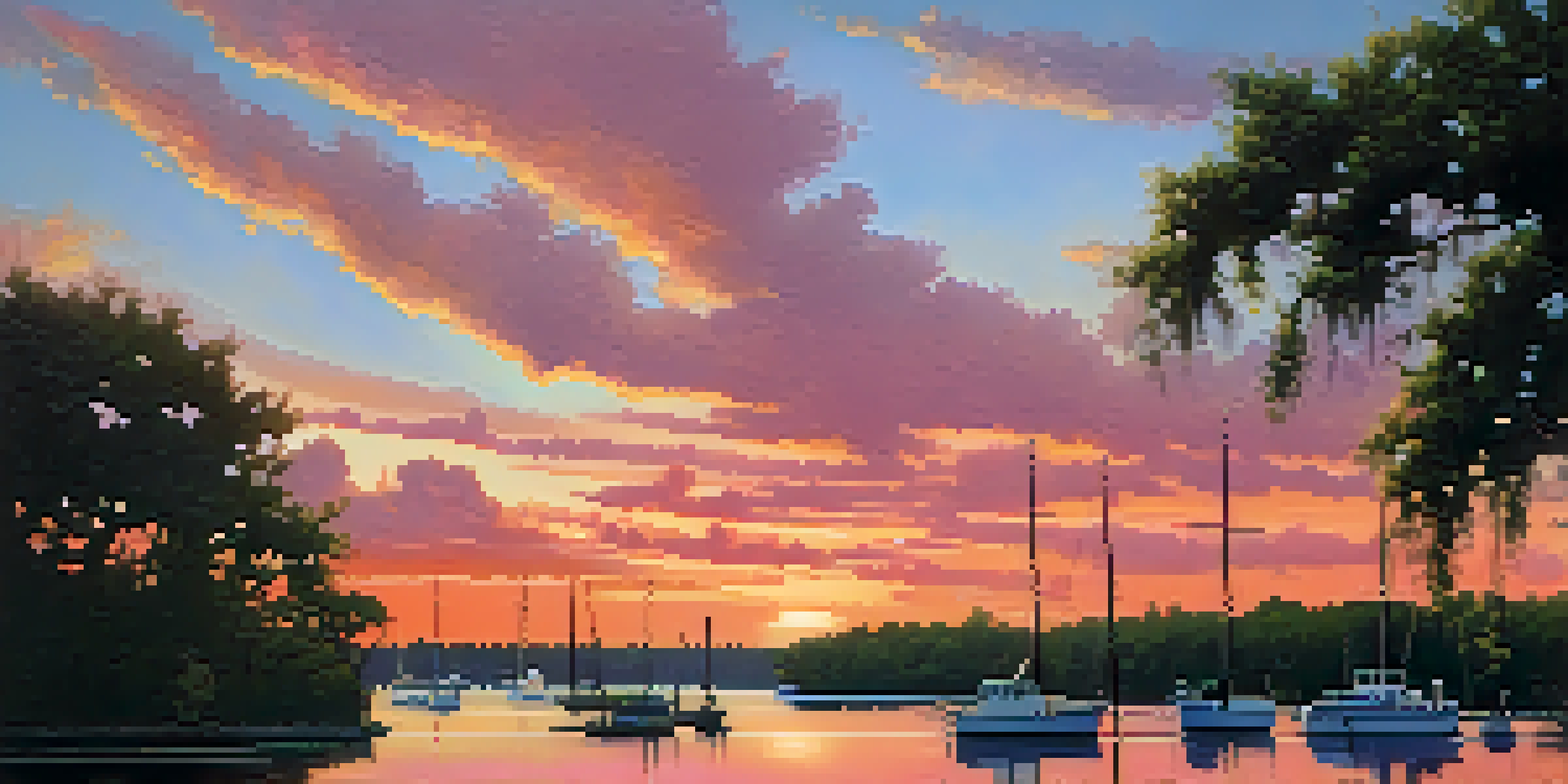 A sunset view of the St. Johns River, with colorful reflections on the water and silhouettes of boats and docks.
