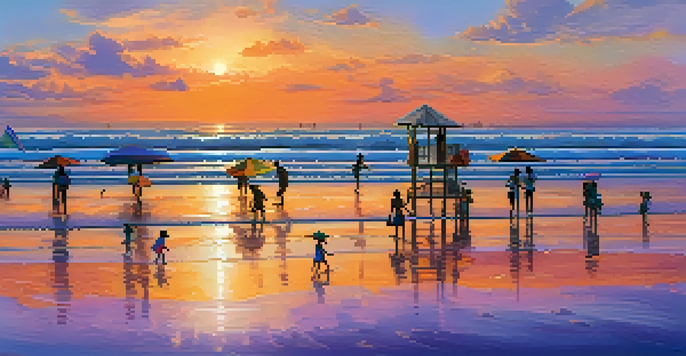 A beautiful sunset over Jacksonville Beach with families enjoying the sand and surf, vibrant colors in the sky reflecting on the ocean.