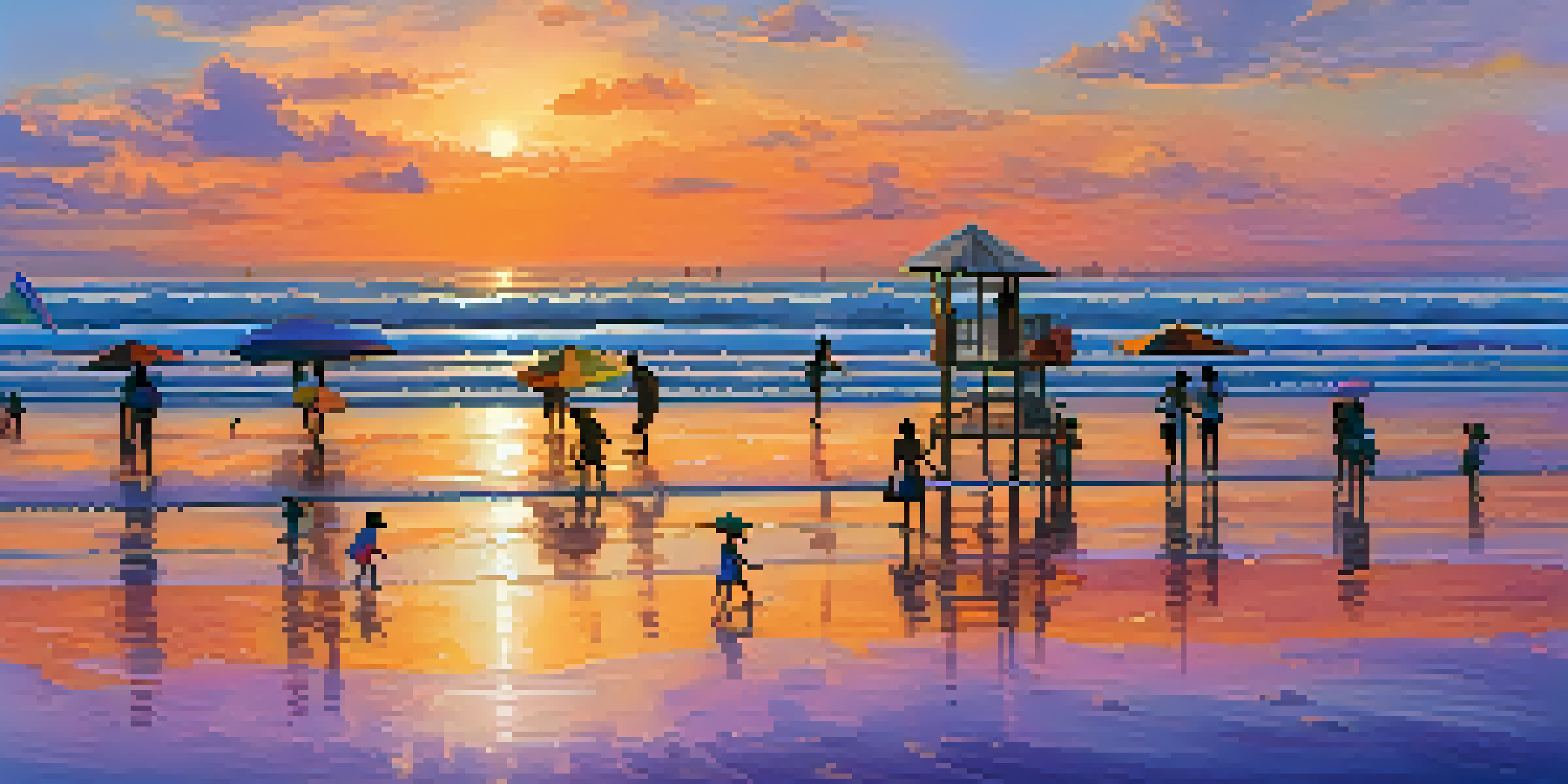 A beautiful sunset over Jacksonville Beach with families enjoying the sand and surf, vibrant colors in the sky reflecting on the ocean.