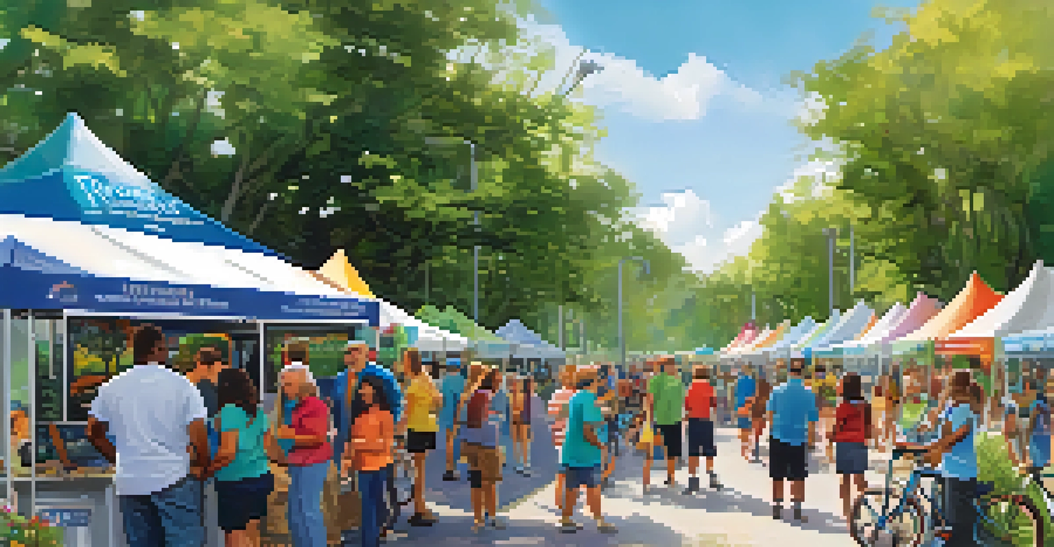 A community gathering in Jacksonville promoting sustainable transportation, featuring booths and families participating in various activities.