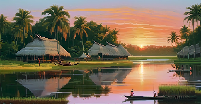 A peaceful scene of a Timucua village by a river, featuring traditional huts and people fishing at sunset.
