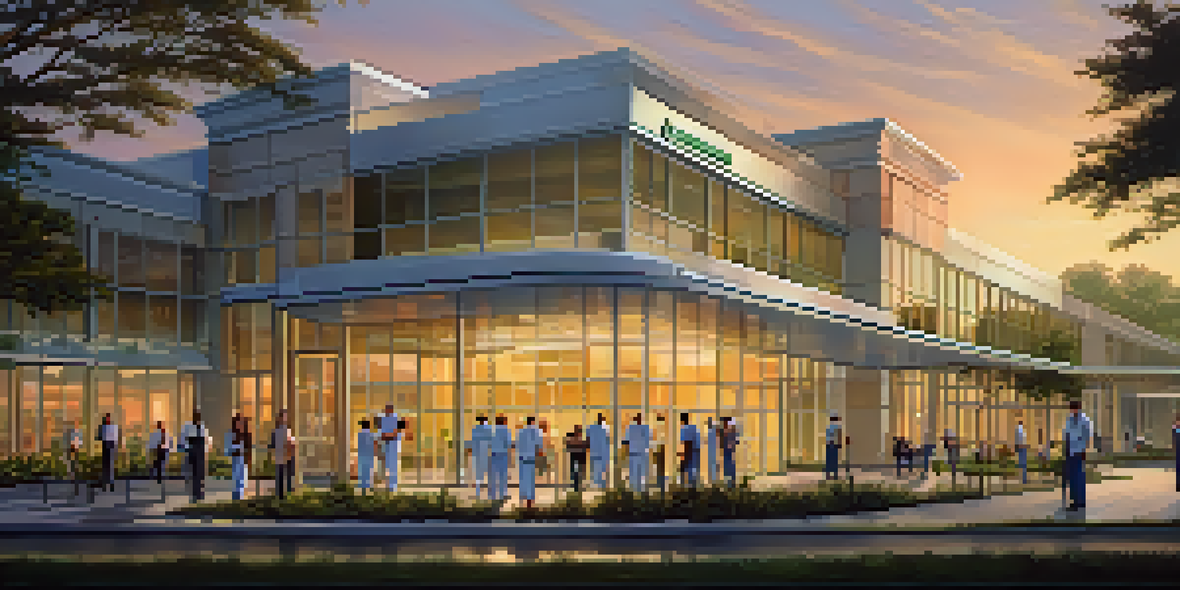 A contemporary healthcare building in Jacksonville with glass windows and green surroundings, during sunset, with staff in scrubs.