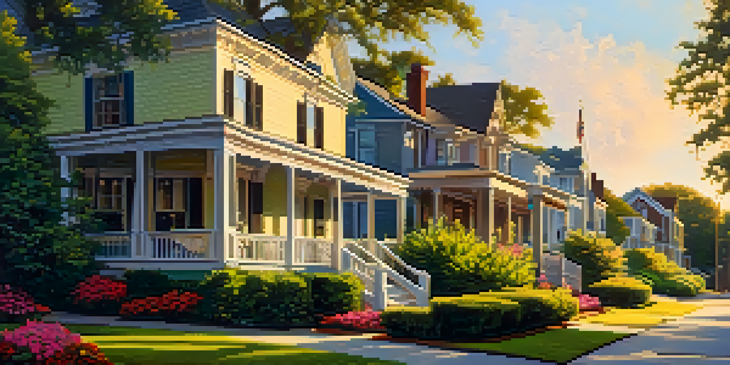A historic neighborhood in Jacksonville with 19th-century architecture, green trees, and blooming flowers under warm golden sunlight.