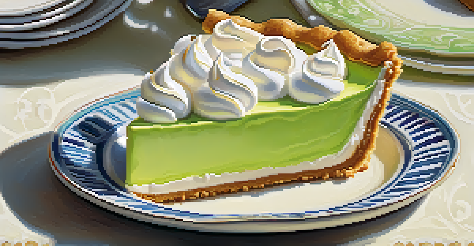 A slice of key lime pie with meringue and lime slice on a decorative plate.